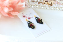 Load image into Gallery viewer, Floral Ghost Polymer Clay Earrings – Spooky Cute Halloween Earrings | Handmade Feminine Ghost Jewelry | KeandKi Designs ( Black tipped ghost Red Beige )
