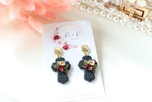 Load image into Gallery viewer, Cross Floral Polymer Clay Earrings – Handmade Floral Statement Earrings | Christian Jewelry | KeandKi Designs ( Black Florals )
