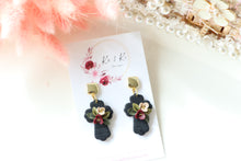 Load image into Gallery viewer, Cross Floral Polymer Clay Earrings – Handmade Floral Statement Earrings | Christian Jewelry | KeandKi Designs ( Black Florals )
