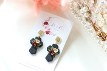 Load image into Gallery viewer, Cross Floral Polymer Clay Earrings – Handmade Floral Statement Earrings | Christian Jewelry | KeandKi Designs ( Black Florals )
