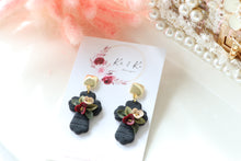 Load image into Gallery viewer, Cross Floral Polymer Clay Earrings – Handmade Floral Statement Earrings | Christian Jewelry | KeandKi Designs ( Black Florals )
