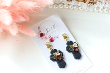 Load image into Gallery viewer, Cross Floral Polymer Clay Earrings – Handmade Floral Statement Earrings | Christian Jewelry | KeandKi Designs ( Black Florals )
