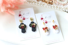 Load image into Gallery viewer, Cross Floral Polymer Clay Earrings – Handmade Floral Statement Earrings | Christian Jewelry | KeandKi Designs ( Black Florals )
