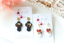 Load image into Gallery viewer, Cross Floral Polymer Clay Earrings – Handmade Floral Statement Earrings | Christian Jewelry | KeandKi Designs ( Black Florals )
