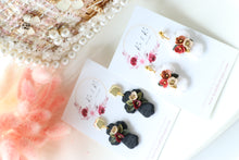 Load image into Gallery viewer, Cross Floral Polymer Clay Earrings – Handmade Floral Statement Earrings | Christian Jewelry | KeandKi Designs ( Black Florals )
