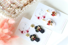 Load image into Gallery viewer, Cross Floral Polymer Clay Earrings – Handmade Floral Statement Earrings | Christian Jewelry | KeandKi Designs ( Black Florals )
