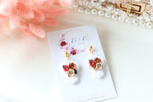 Load image into Gallery viewer, Cross Floral Polymer Clay Earrings – Handmade Floral Statement Earrings | Christian Jewelry | KeandKi Designs ( White Florals )
