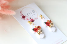 Load image into Gallery viewer, Cross Floral Polymer Clay Earrings – Handmade Floral Statement Earrings | Christian Jewelry | KeandKi Designs ( White Florals )
