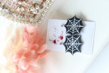 Load image into Gallery viewer, Spider Web Polymer Clay Earrings – Handmade Halloween Earrings | Spooky Cute Gothic Jewelry | KeandKi Designs (Black )
