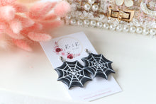 Load image into Gallery viewer, Spider Web Polymer Clay Earrings – Handmade Halloween Earrings | Spooky Cute Gothic Jewelry | KeandKi Designs (Black )
