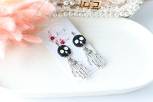 Load image into Gallery viewer, Tiny Skull Head &amp; Steel Skeletal Hand Dangle Earrings – Handmade Gothic Halloween Jewelry | Polymer Clay Skull Earrings | KeandKi Designs
