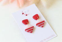 Load image into Gallery viewer, Red_and_white striped_dangle_earrings_handmade_front_near_view 
