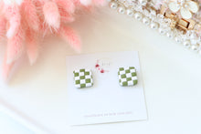 Load image into Gallery viewer, checkered_square_dangle_earrings_handmade_green_front_view
