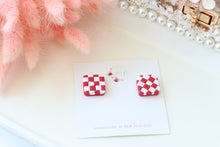 Load image into Gallery viewer, checkered_square_dangle_earrings_handmade_red_front_view
