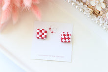 Load image into Gallery viewer, checkered_square_dangle_earrings_handmade_red_side_view
