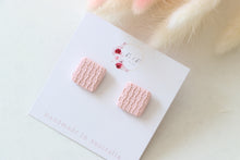 Load image into Gallery viewer, light_pink_square_stud_handmade_earrings_front_side_view
