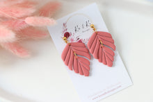 Load image into Gallery viewer, pink_detailed_leaf_dangle_handmade_earrings_front_side_view
