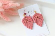 Load image into Gallery viewer, pink_detailed_leaf_dangle_handmade_earrings_front_view
