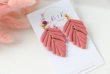 Load image into Gallery viewer, pink_detailed_leaf_dangle_handmade_earrings_near_view
