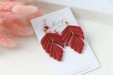 Load image into Gallery viewer, red_detailed_leaf_dangle_handmade_earrings_front_side_view
