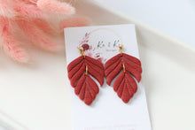 Load image into Gallery viewer, red_detailed_leaf_dangle_handmade_earrings_front_view
