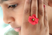Load image into Gallery viewer, red_flower_ring_handmade_when_worn
