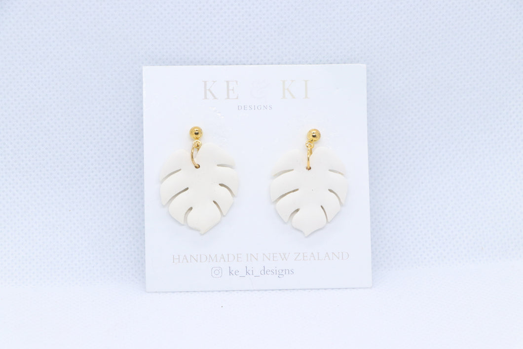 White Monstera Earrings